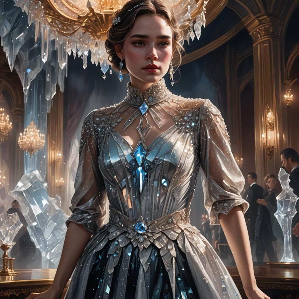 Woman in Glistening Dress in Opulent Ballroom