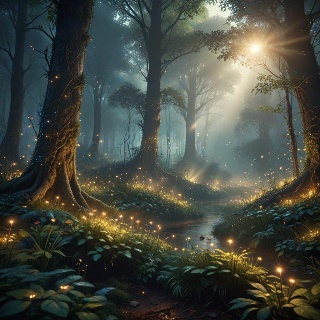 Enchanted Forest with Fireflies in Golden Light