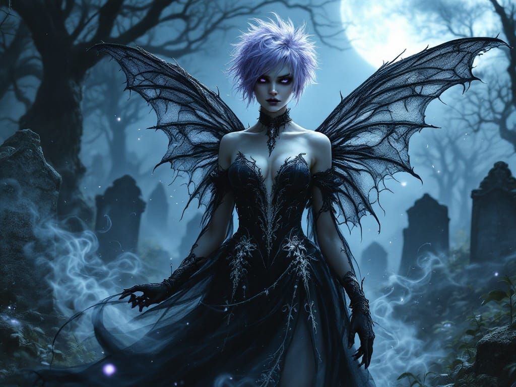 Gothic Fairy Reigns Over Moonlit Graveyard