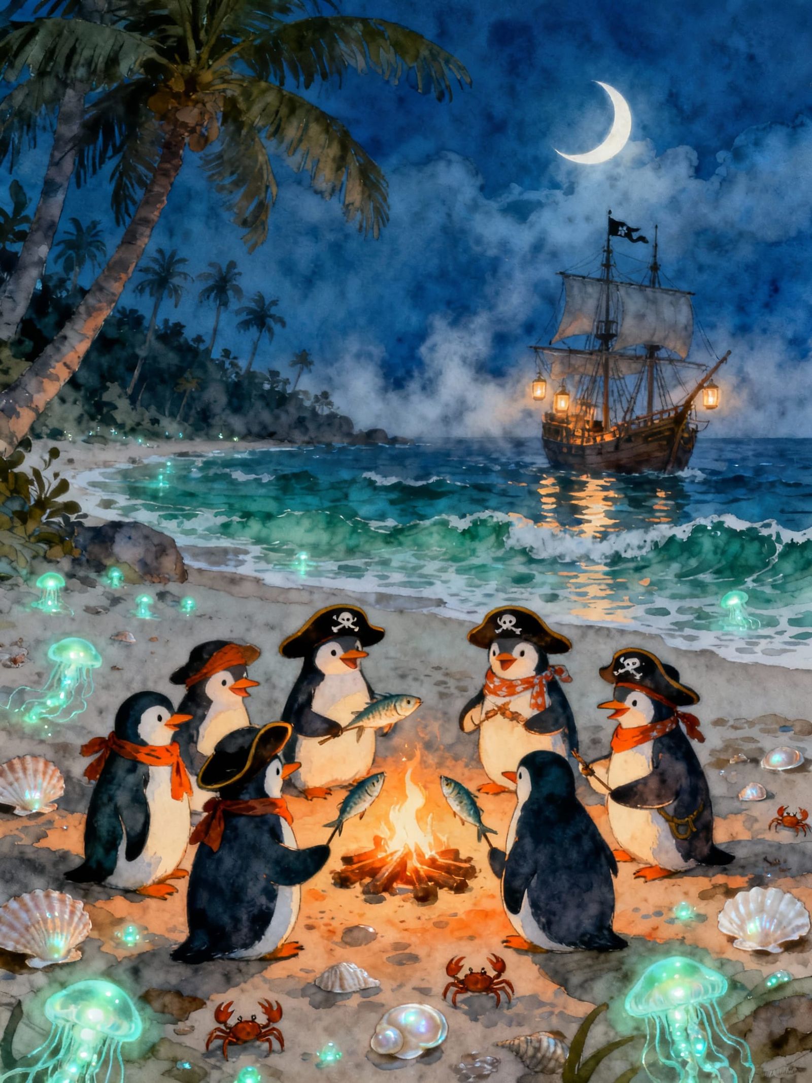 Penguin Pirates Campfire on Tropical Island in Fairytale Sty...