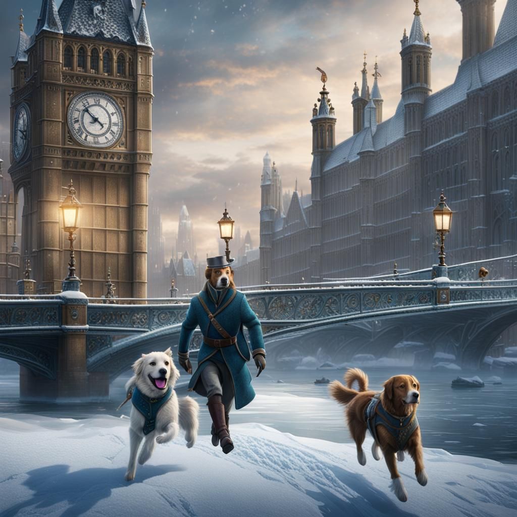 Dogs Ice Skating on Frozen London Bridge