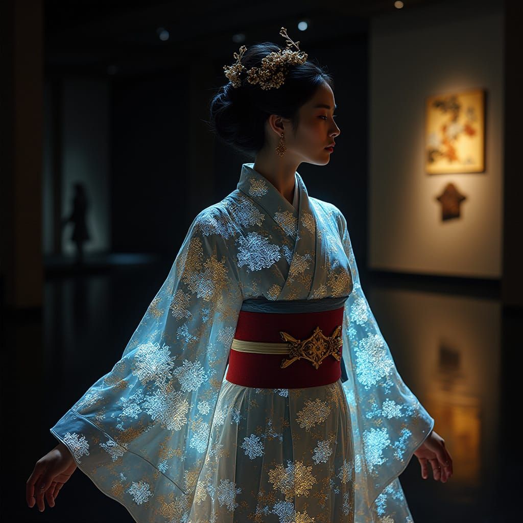 Futuristic Kimono with Fiber Optic Chrysanthemums in Cyberpu...