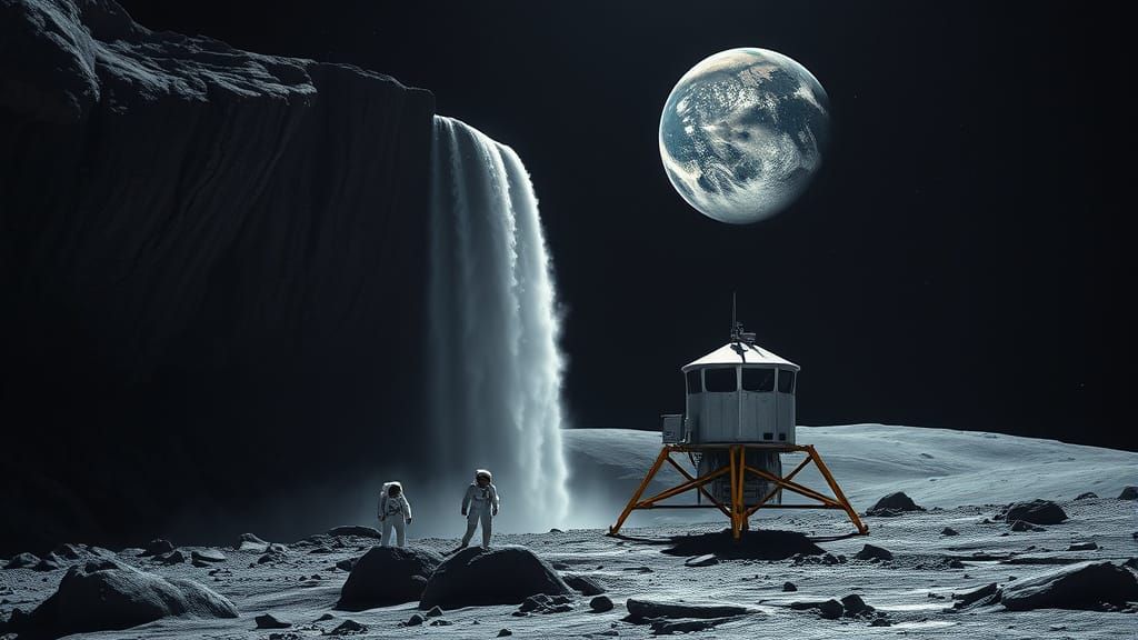 Lunar Waterfall With Astronauts and Earth