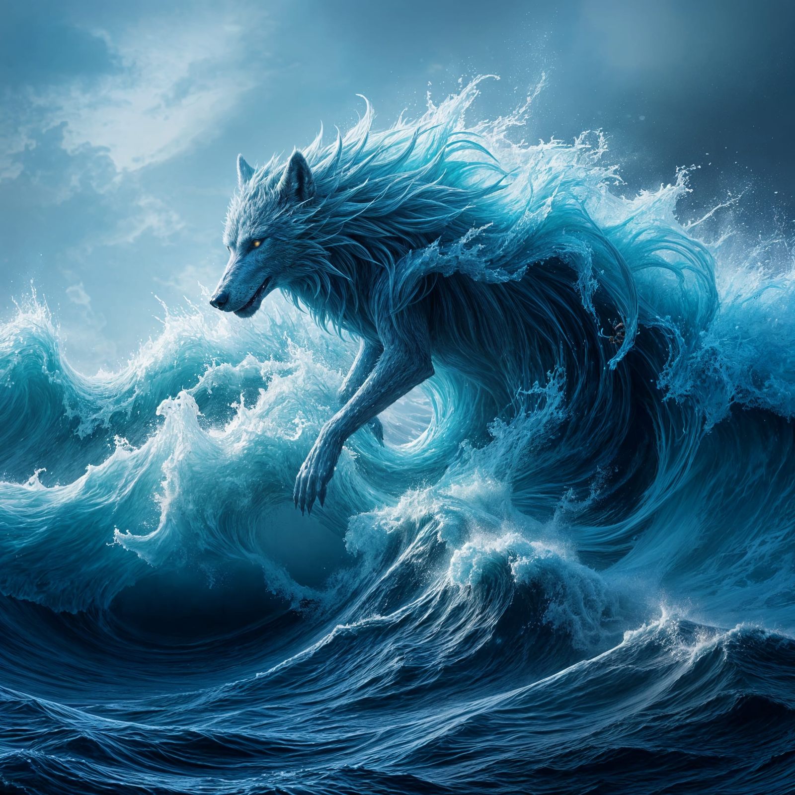 Water Spirit Wolf on Giant Wave, Fantasy Concept Art