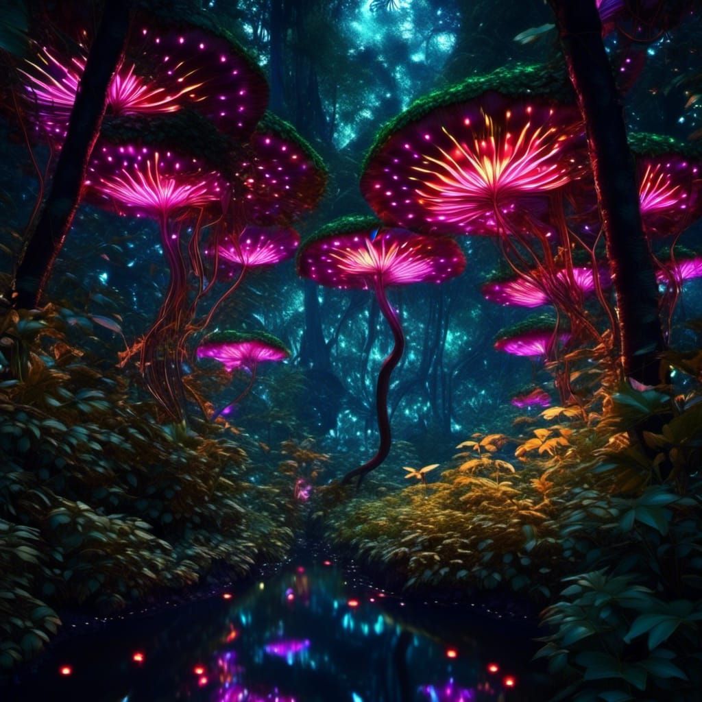 Neon Lit Rainforest Canopy at Night