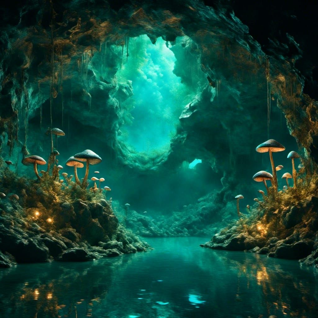 Flooded Cave with Bioluminescent Mushrooms as Impasto Painti...