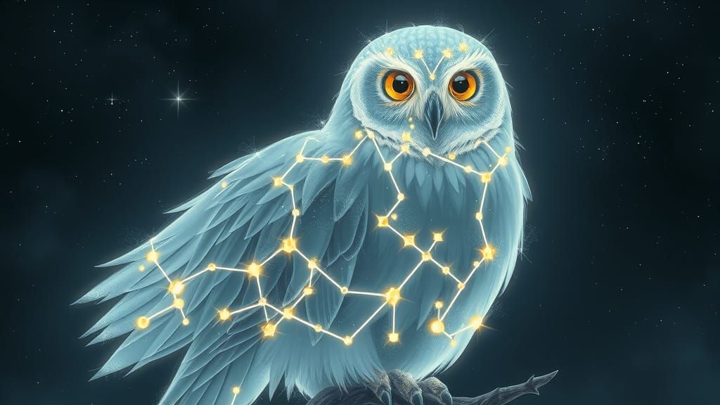 Majestic Ethereal Owl-Like Creature in Glowing Constellation...