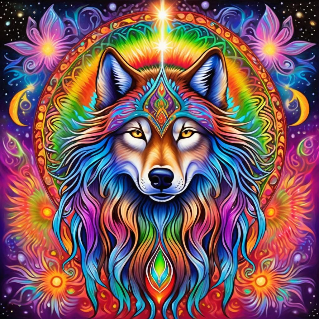 Psychedelic Wolf-Witch in Shamanic Folk Art