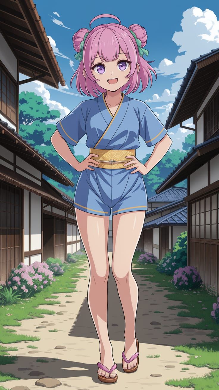 Anime Tomboy in Jinbei Outfit in Japanese Village