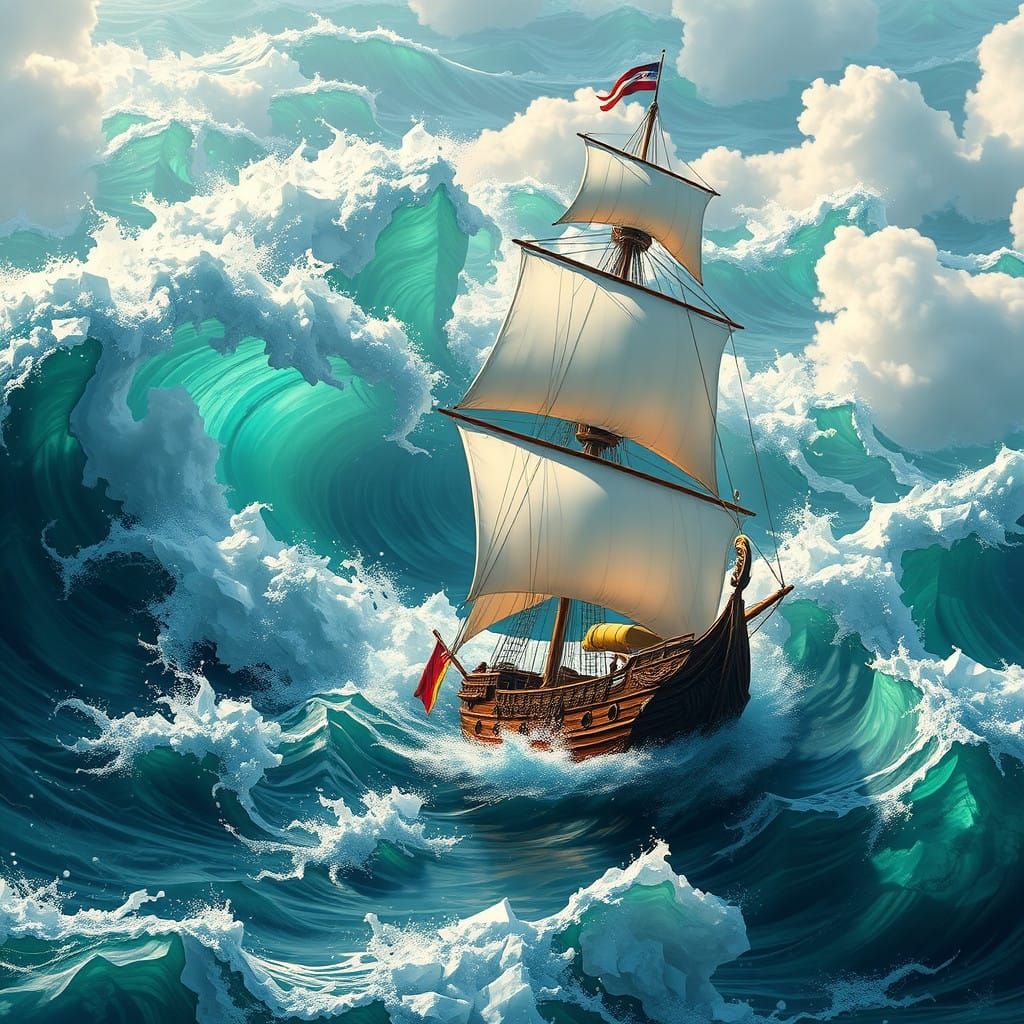 Majestic Sailing Ship in a Dreamlike Emerald Sea