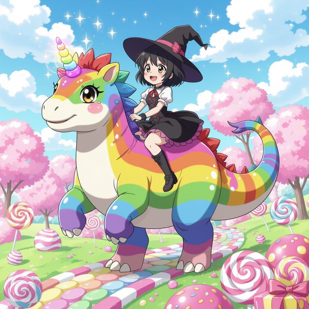 Anime Witch Rides Rainbow Dinosaurus in Candy Wonderland