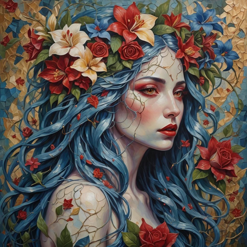 Woman with Blue Hair, Surrealist Oil Painting