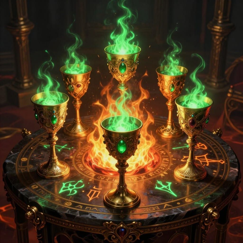 Poisoned Chalices on Obsidian Table in Fiery Inferno