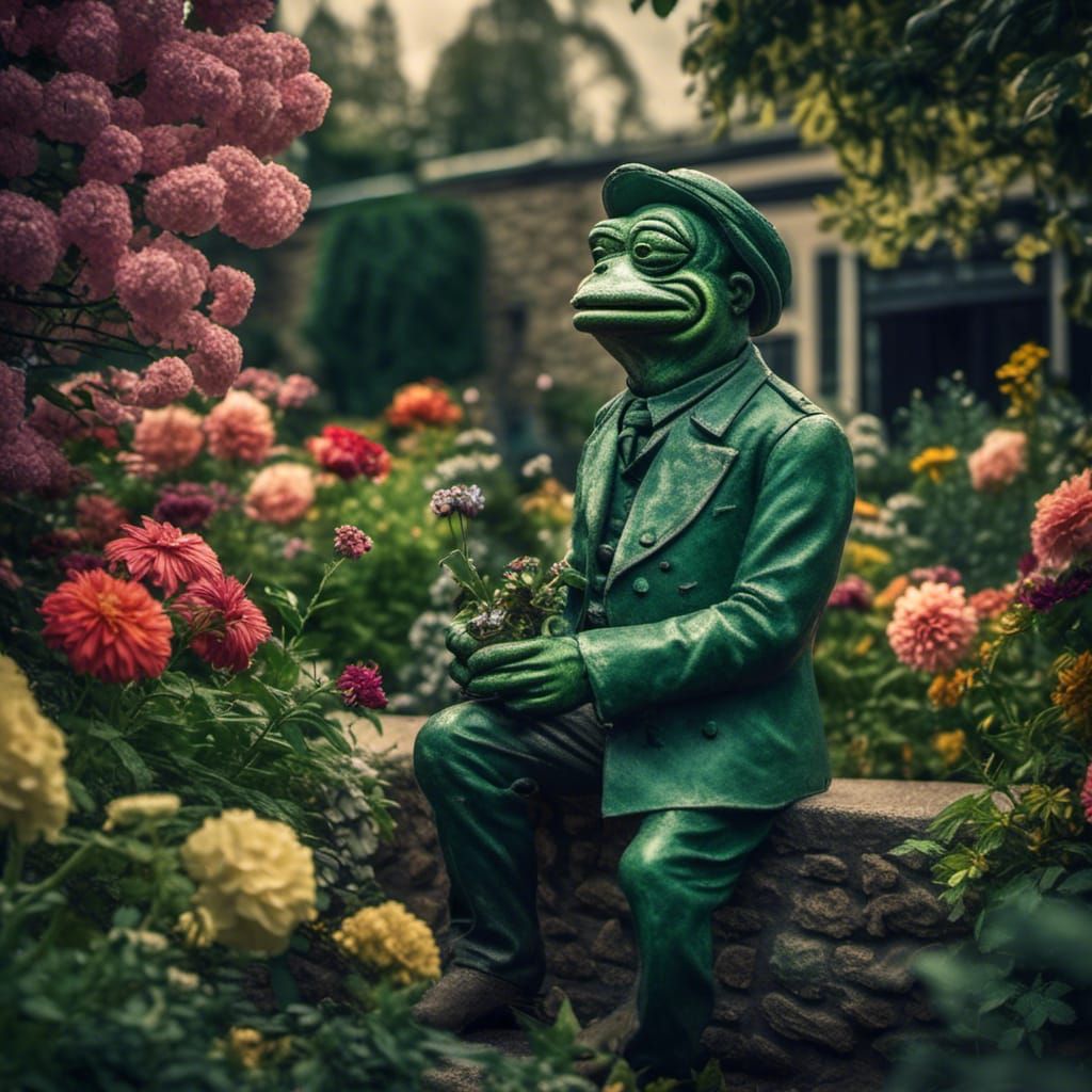 Green Pepe in Flower Garden: Hyperrealistic Image