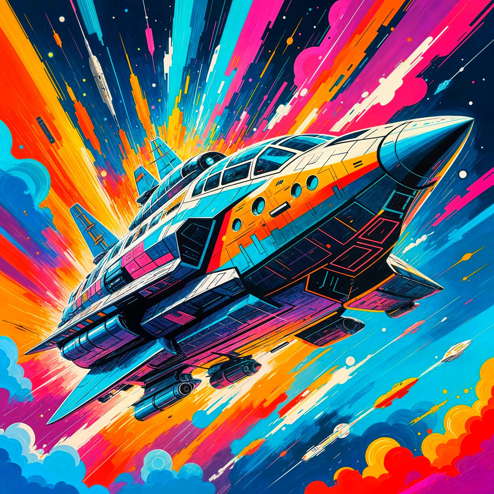 Retro-Futuristic Spaceship in Abstract Expressionist Sky