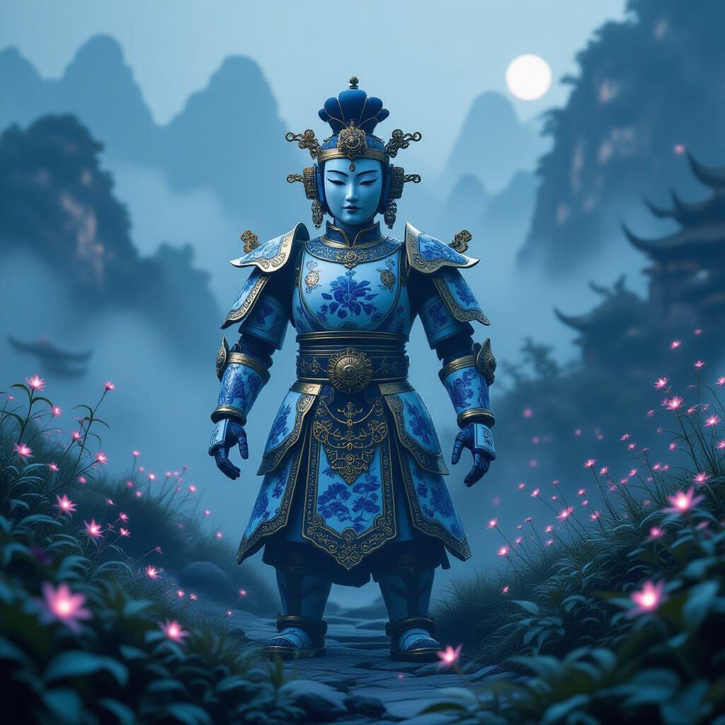 Ancient Porcelain Robot in Mystical Landscape