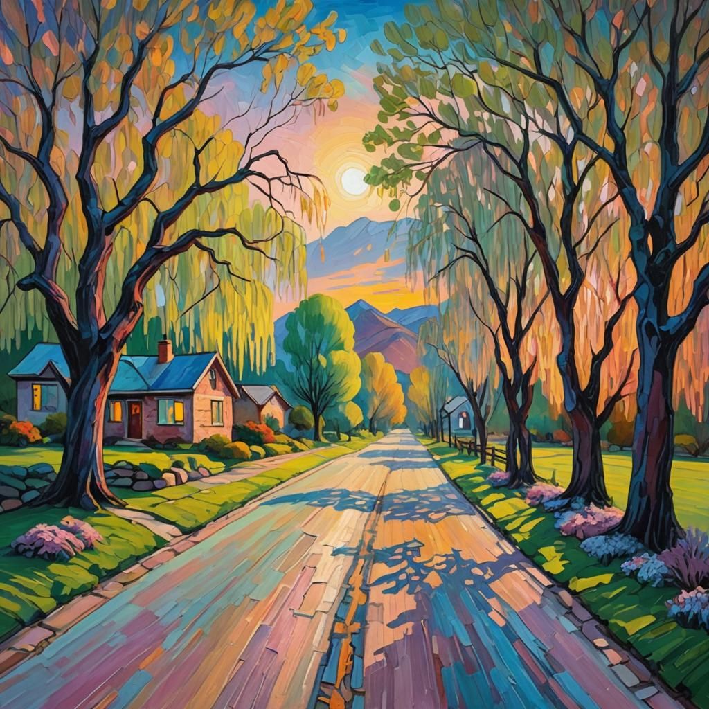 Rocky Mountain Valley Road in Neo-Impressionist Style