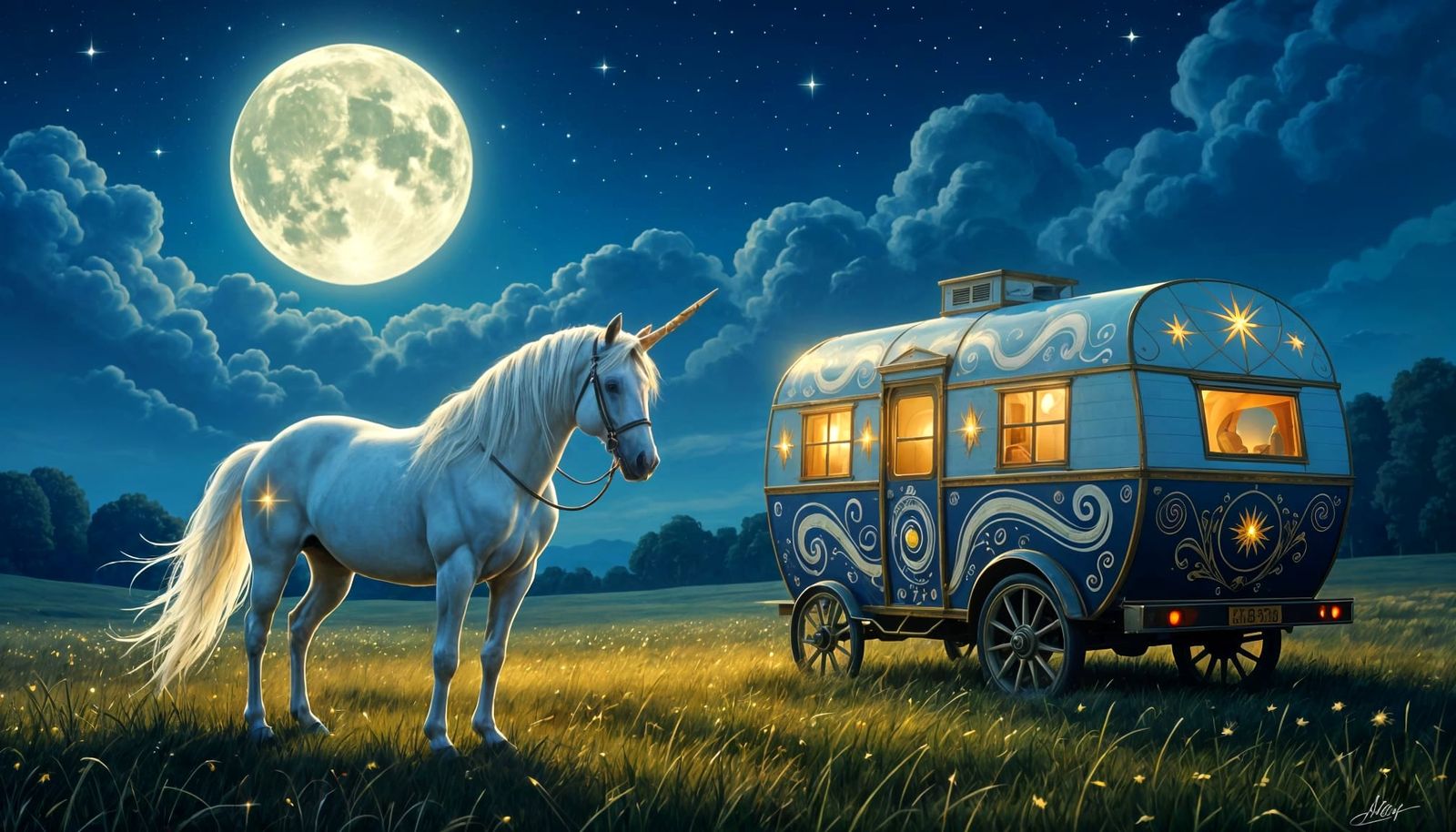 Majestic White Horse in Moonlit Meadow Poster Art