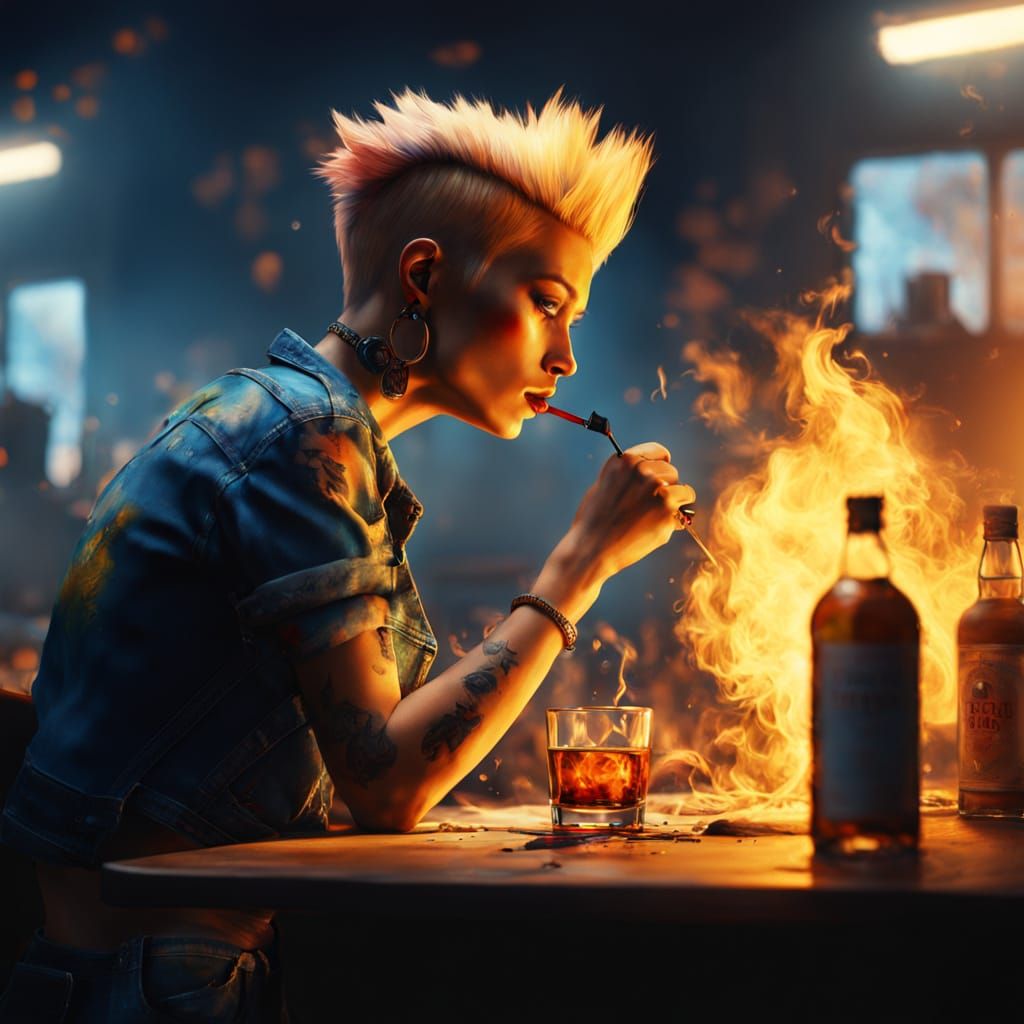 Surreal Female Sipping Whiskey with Mohawk, Oil Painting