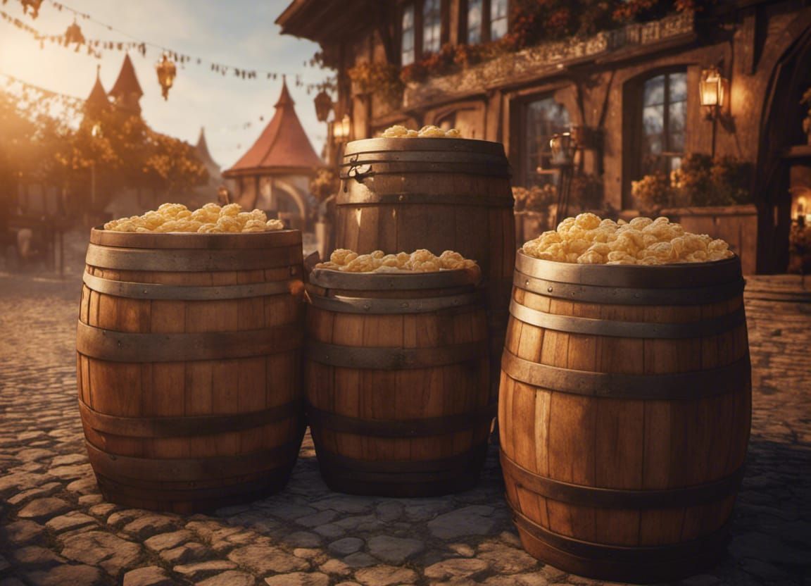 Medieval Oktoberfest Scene with Wooden Barrels