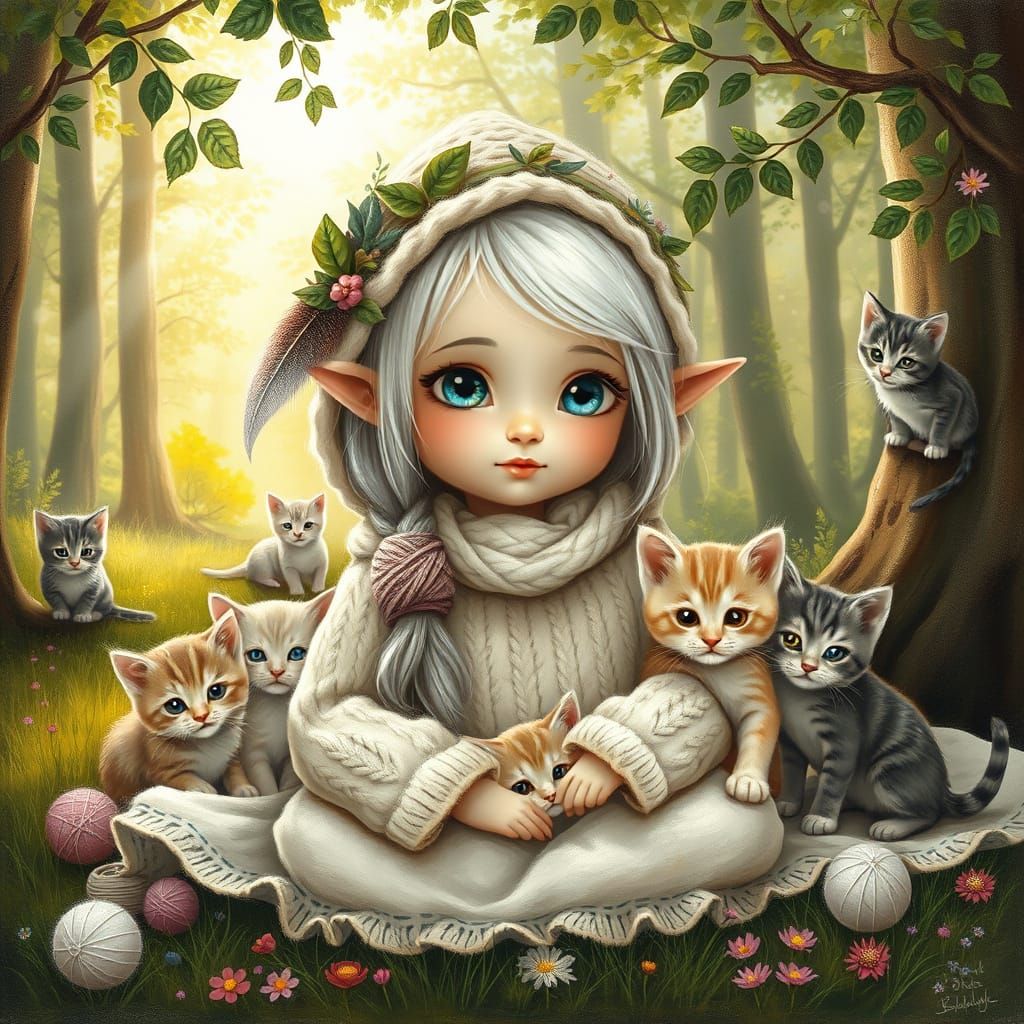 Whimsical Elf Girl Surrounded by Playful Kittens in a Forest...