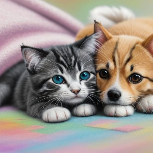 Dog and Kitten Play: Colorful Felt Art Collage