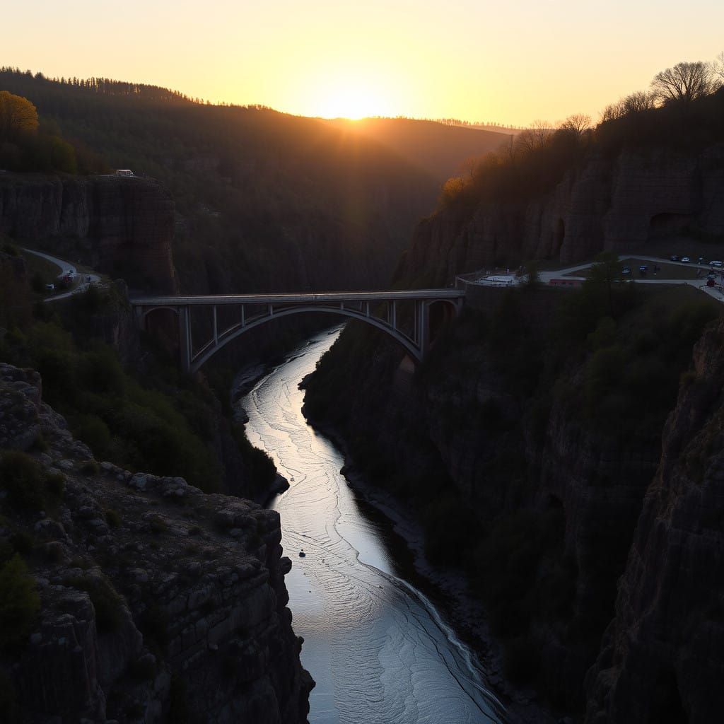 River Gorge Sunset with Bridge Crossing