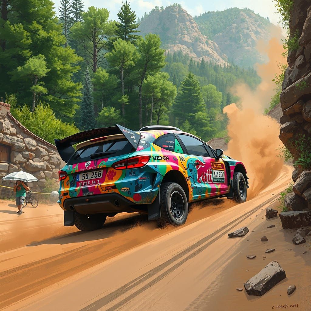 Rally car wrapped in "excavating rita" artwork