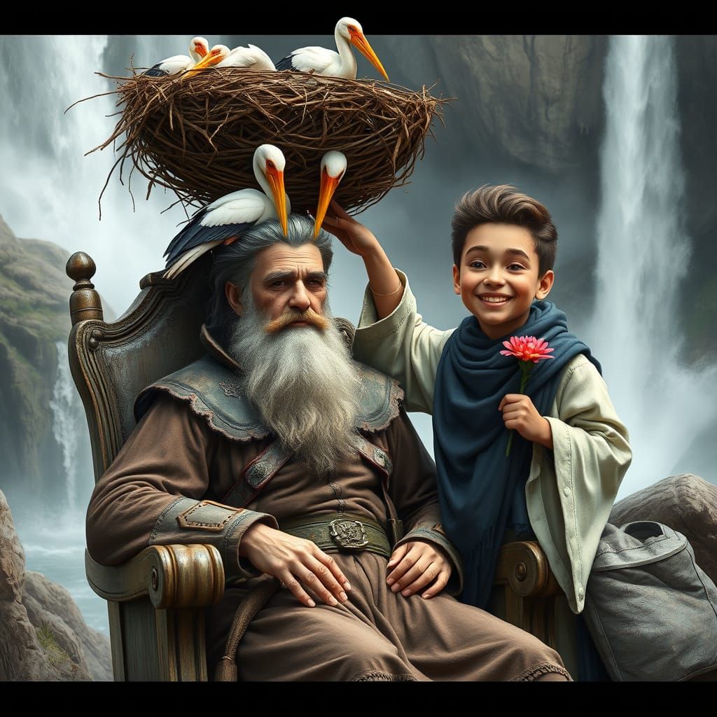 Weathered Prince with Stork Nest and Waterfalls