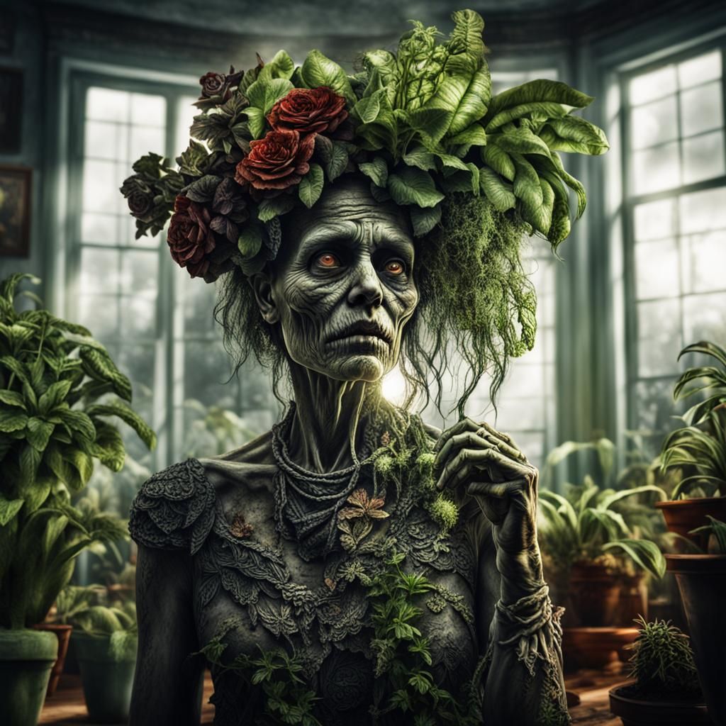 Hyperrealistic Zombie Lady's Houseplant Love
