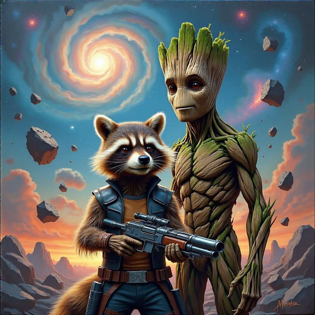 Cosmic Heroes: Rocket Raccoon and Groot in Intimate Portrait...