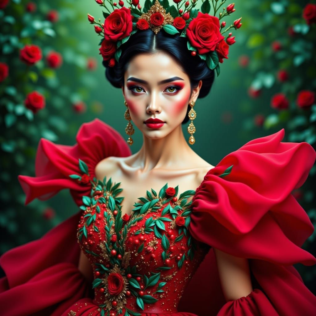 High Fashion Princess in Red and Green Gown