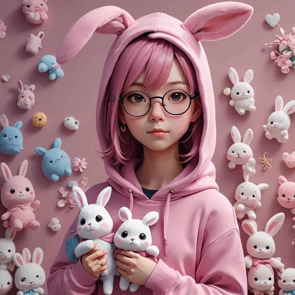 LilyPichu with Pink Rabbit Plush: 3D Anime Art