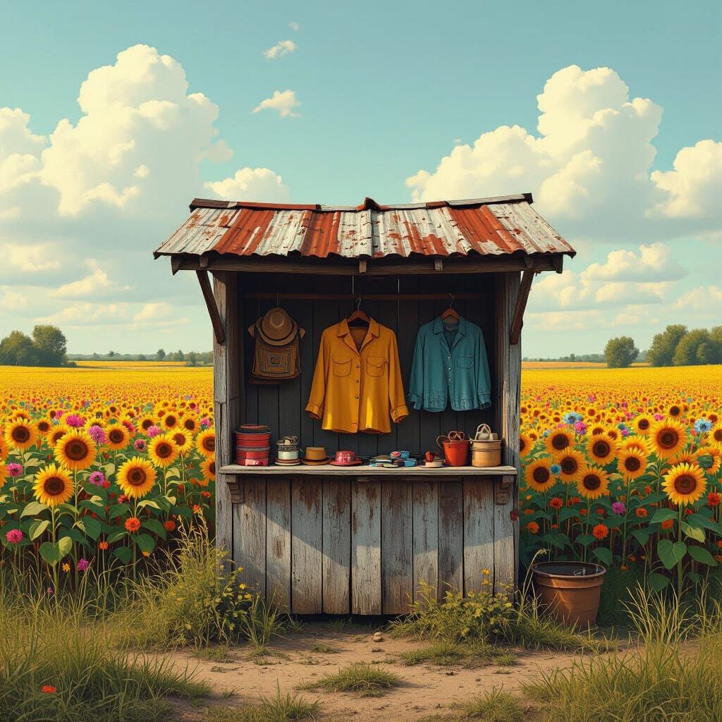 Rustic Farm Stand in Psychedelic Sunflower Field