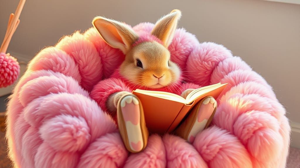 Pom Pom Bunny Reading in Cozy Armchair