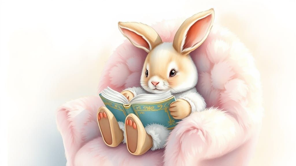 Whimsical Pom Pom Bunny Reading a Book