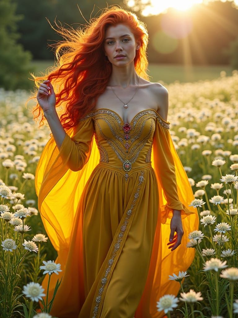 Norse Goddess Sól in Edelweiss Field, Oil Painting