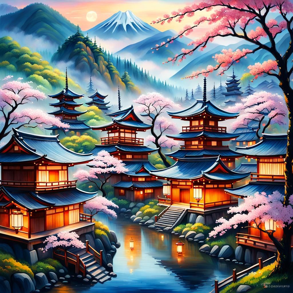 Misty Japanese Village with Temple, Oil Painting