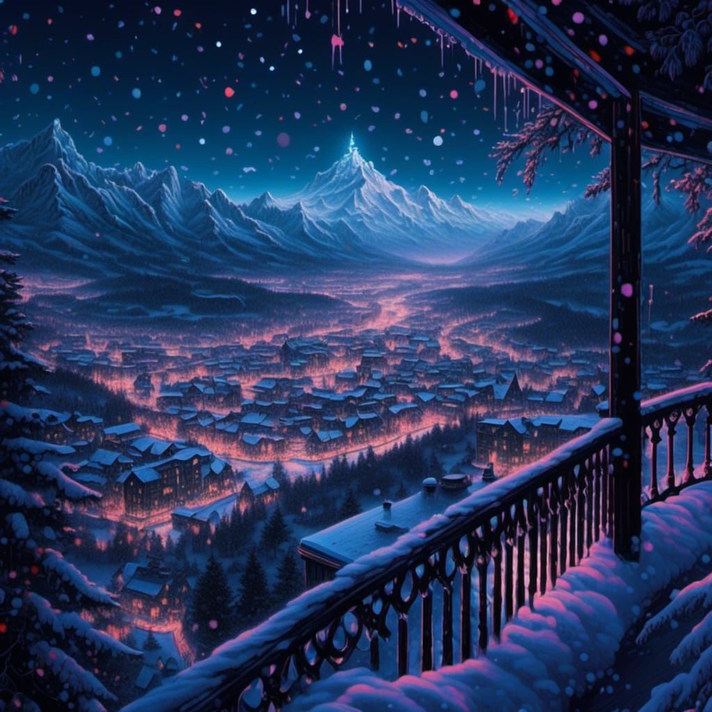 Snowy Mountain Balcony View at Night