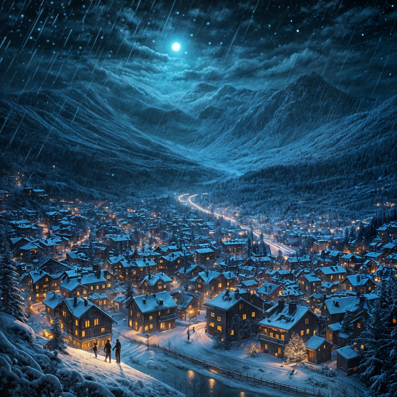 Elegant Winter Cottage Balcony View at Midnight