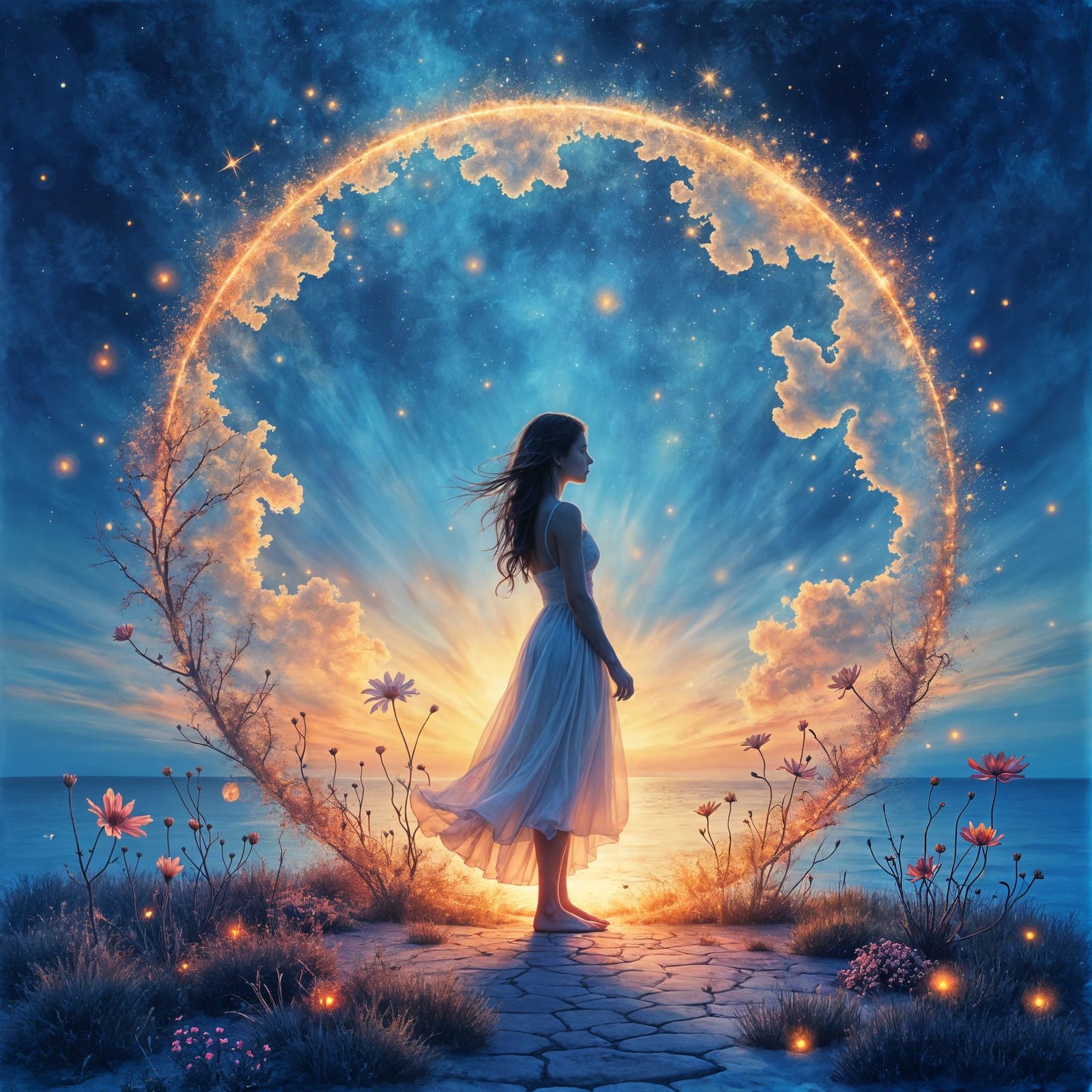 Dreamlike Woman in a Celestial Sphere