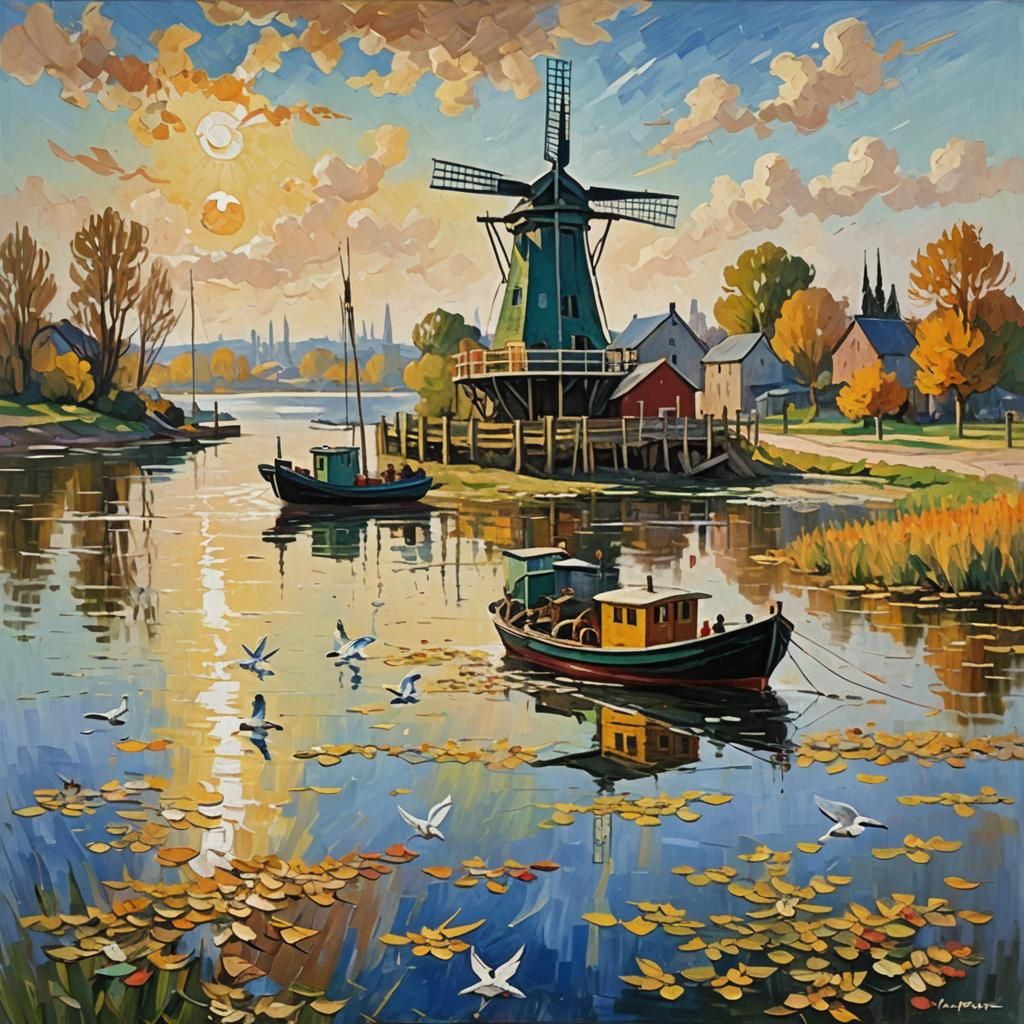 Steamboat and Windmill in Neo-Impressionist Style