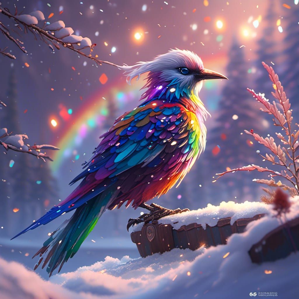 Rainbow Bird in Snow: Detailed Fantasy Art
