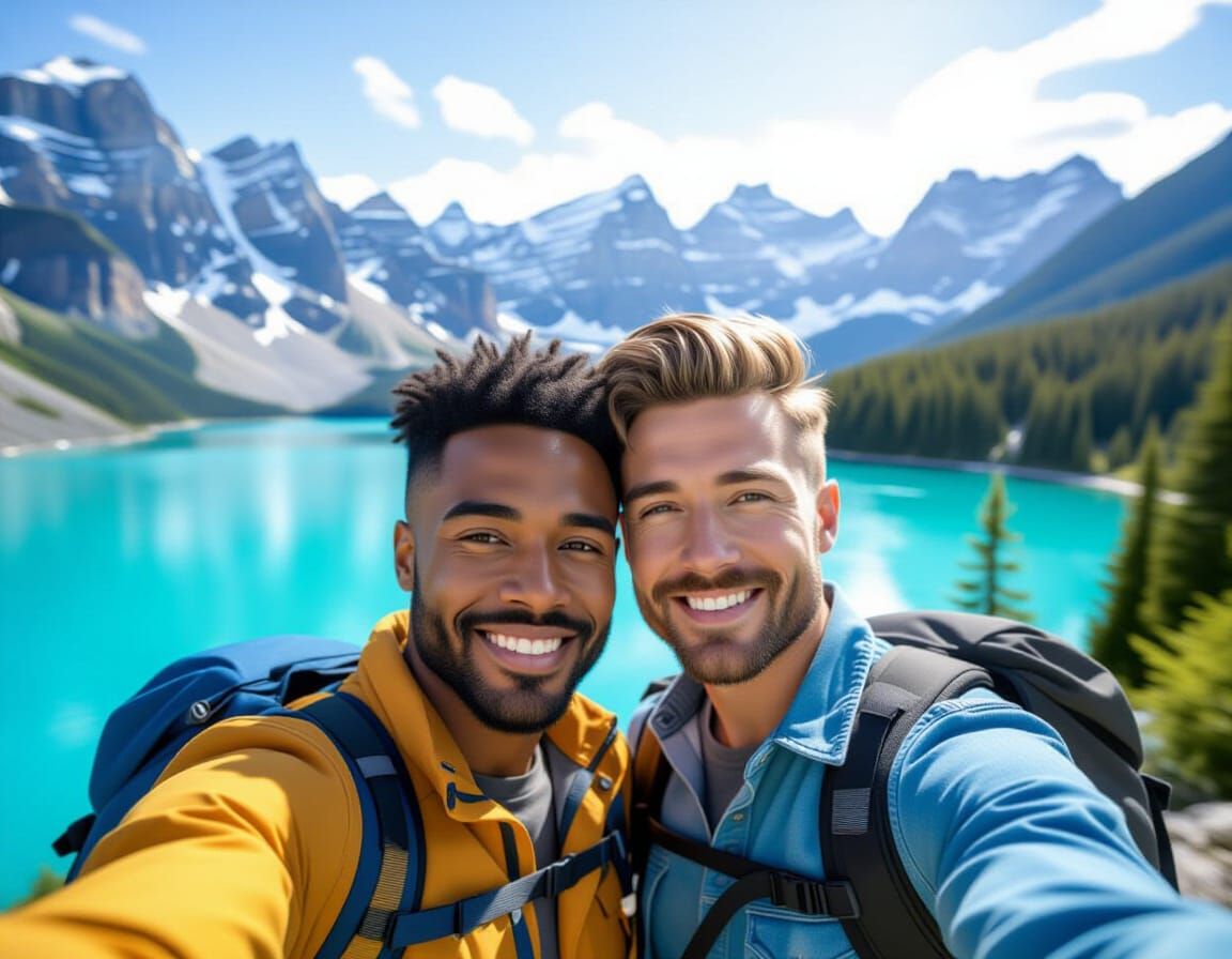Two Hikers Selfie Near Stunning Mountain Landscape