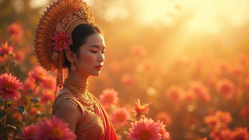 Burmese Princess in Neon Garden with Divine Light