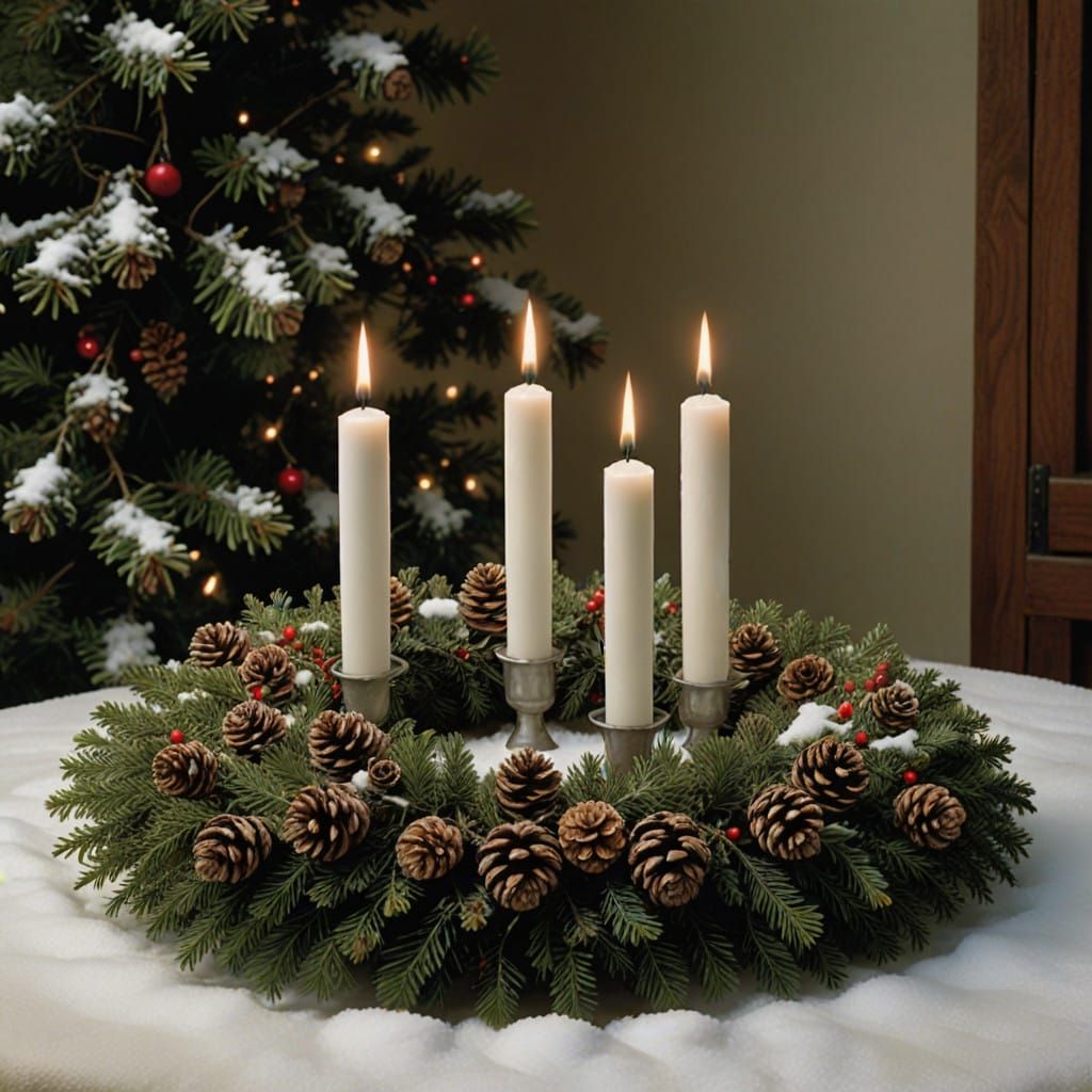 Warm Advent Wreath Scene in Photorealistic Winter Landscape