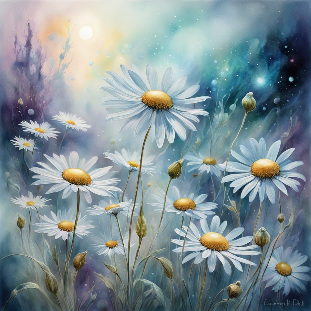 Ethereal Watercolor Daisies in Cosmic Glow