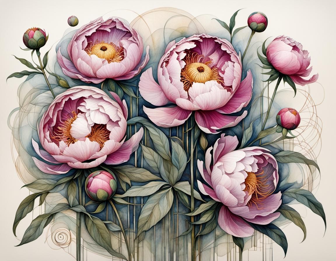 Peony Flower in Art Nouveau Style