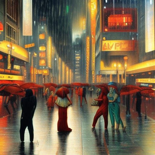 Rainy Futuristic Cityscape in Figurative Style