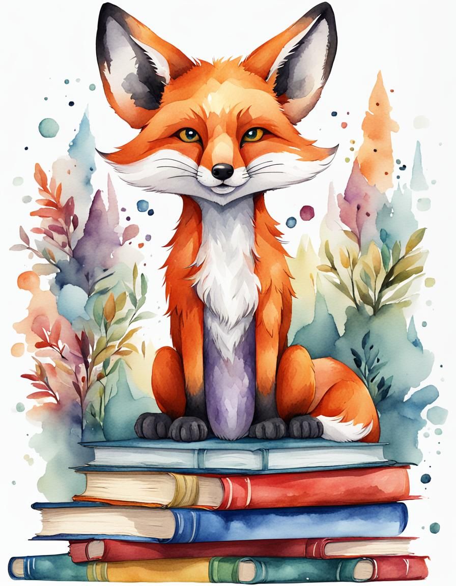Minimalist Watercolor Fox with Books Cartoon Style